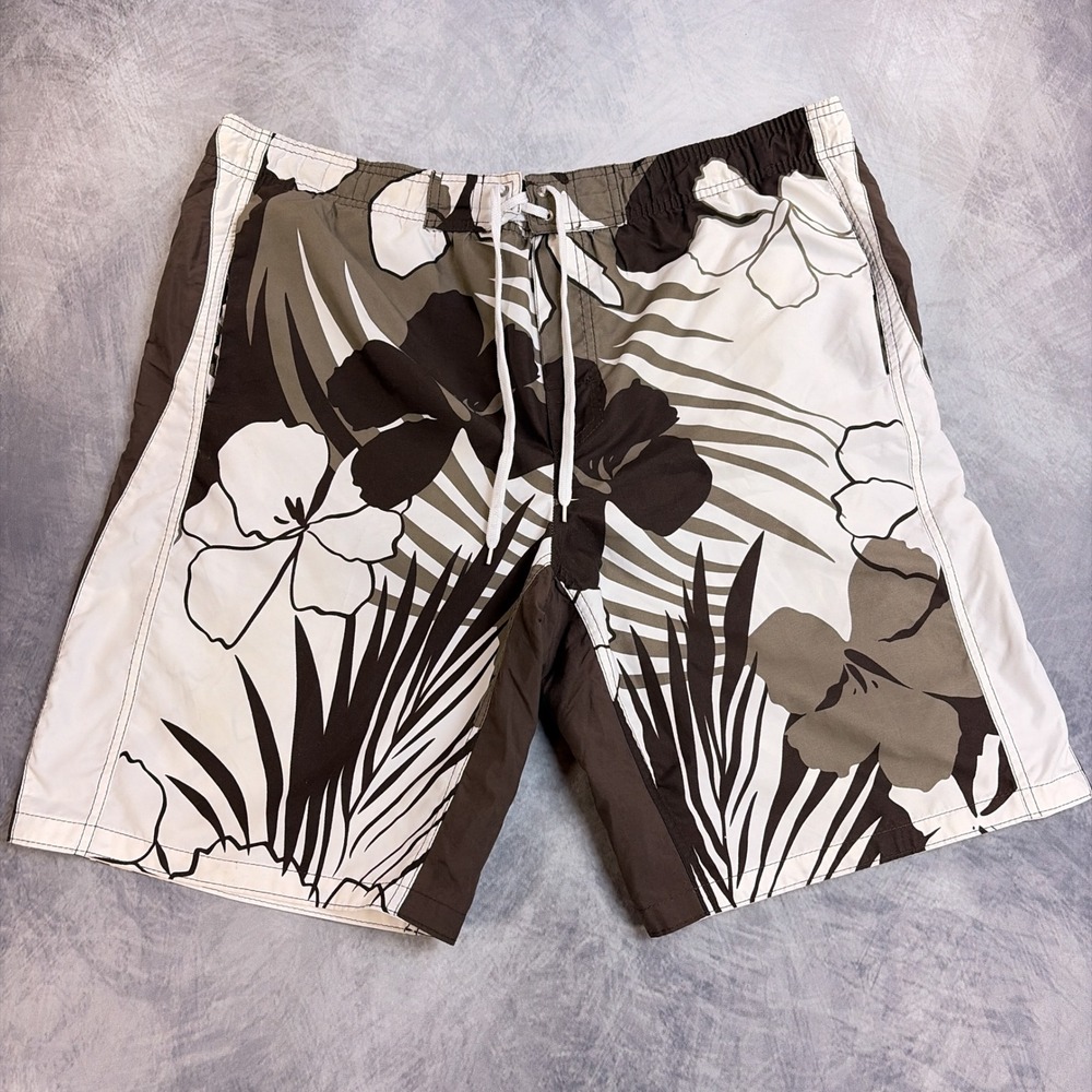 Slick Mens Tropical Floral‎ Board Shorts Brown White Mesh Lined Swim Trunks L